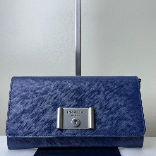 Prada Brandnew Saffiano Lock Chain Wallet - Blue