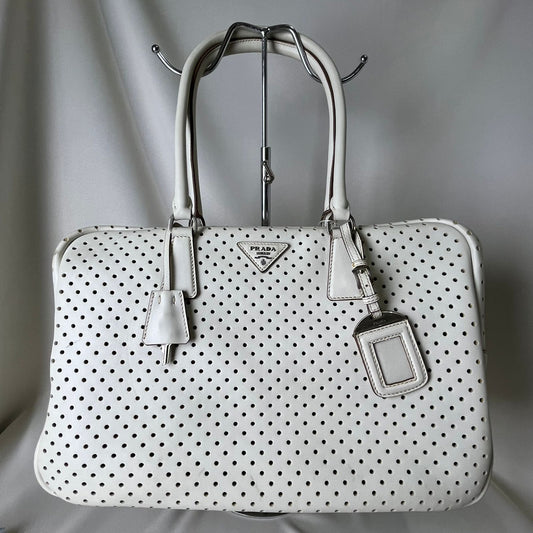 Prada  City Calfskin Perforated Tote White