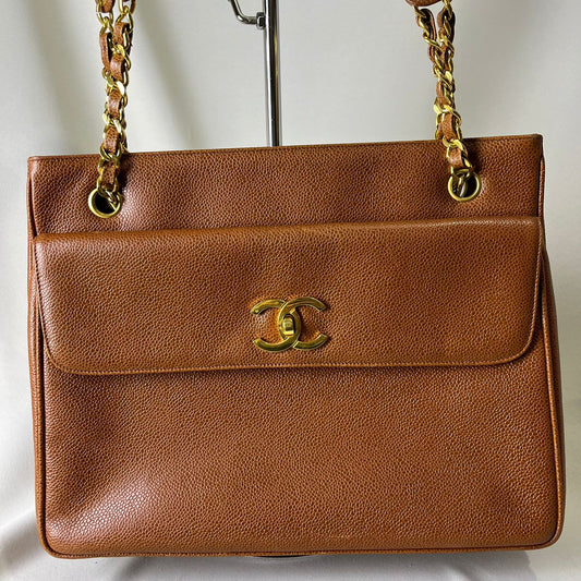Chanel CC Logo Chain Tote Brown Caviar Leather