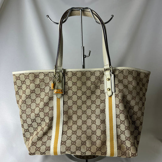 Gucci GG Canvas Sherry Line Tote Yellow Stripes