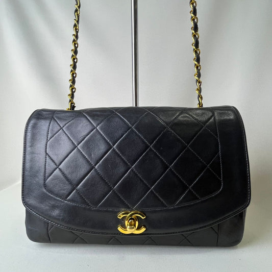 Chanel Diana Matelasse Chain Bag Black Lambskin