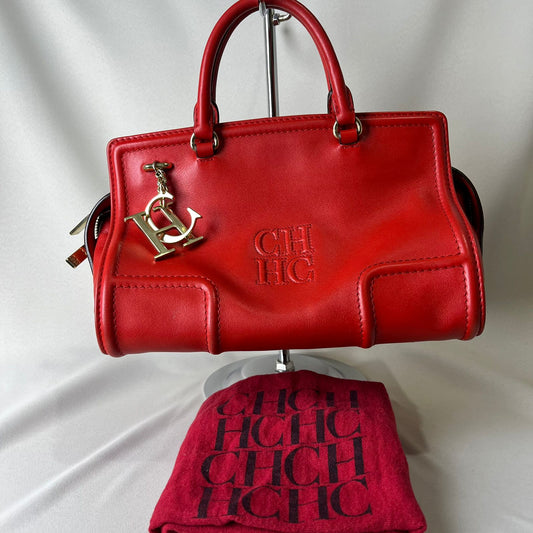 Carolina Herrera CH Logo Charm Tote Red Leather