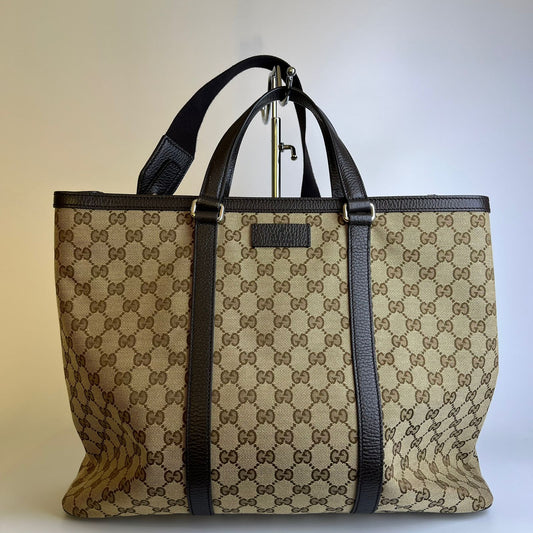 Gucci GG Canvas Tote Bag, Brown Leather Trim