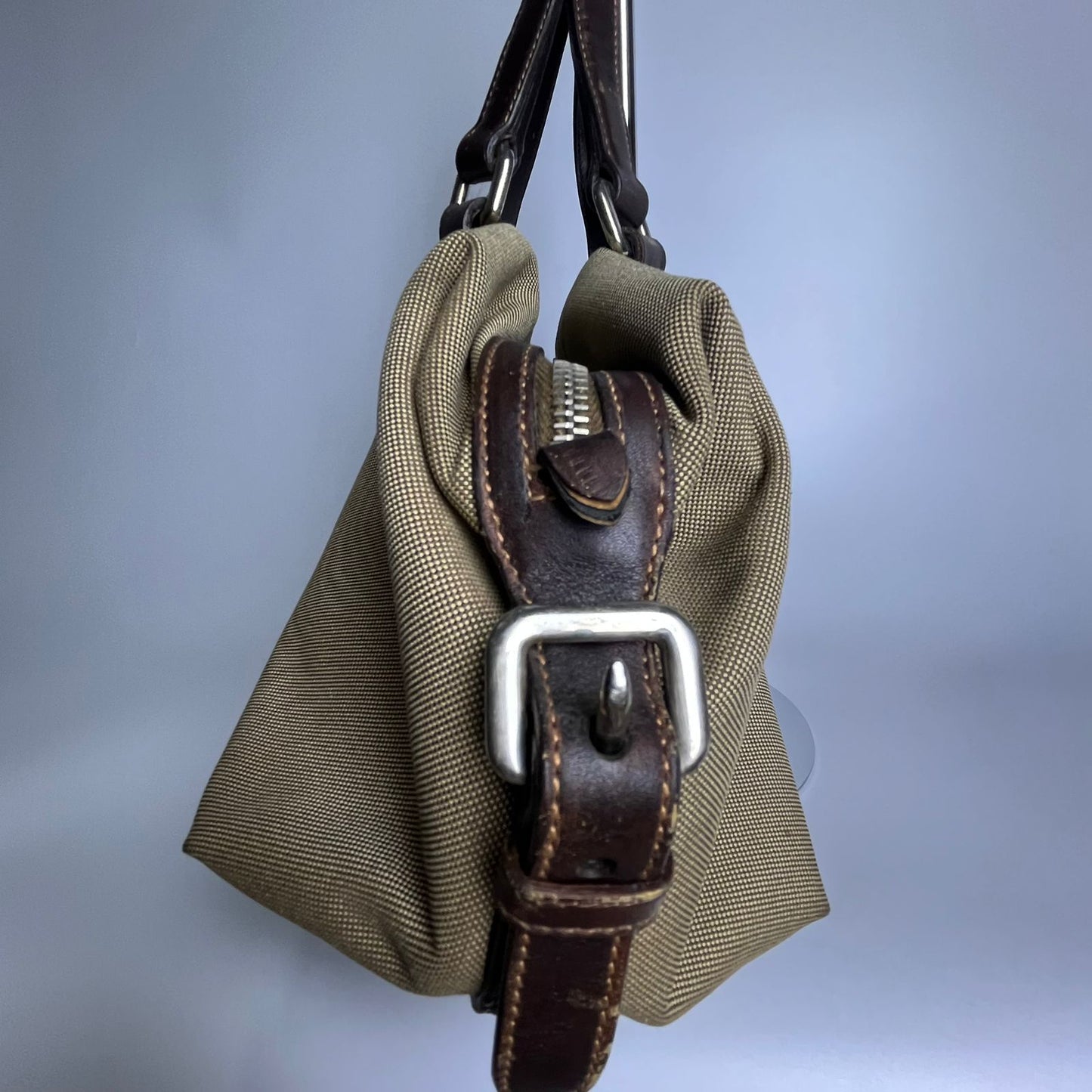 Prada Belted Boston Bag Beige (Brown Trim)