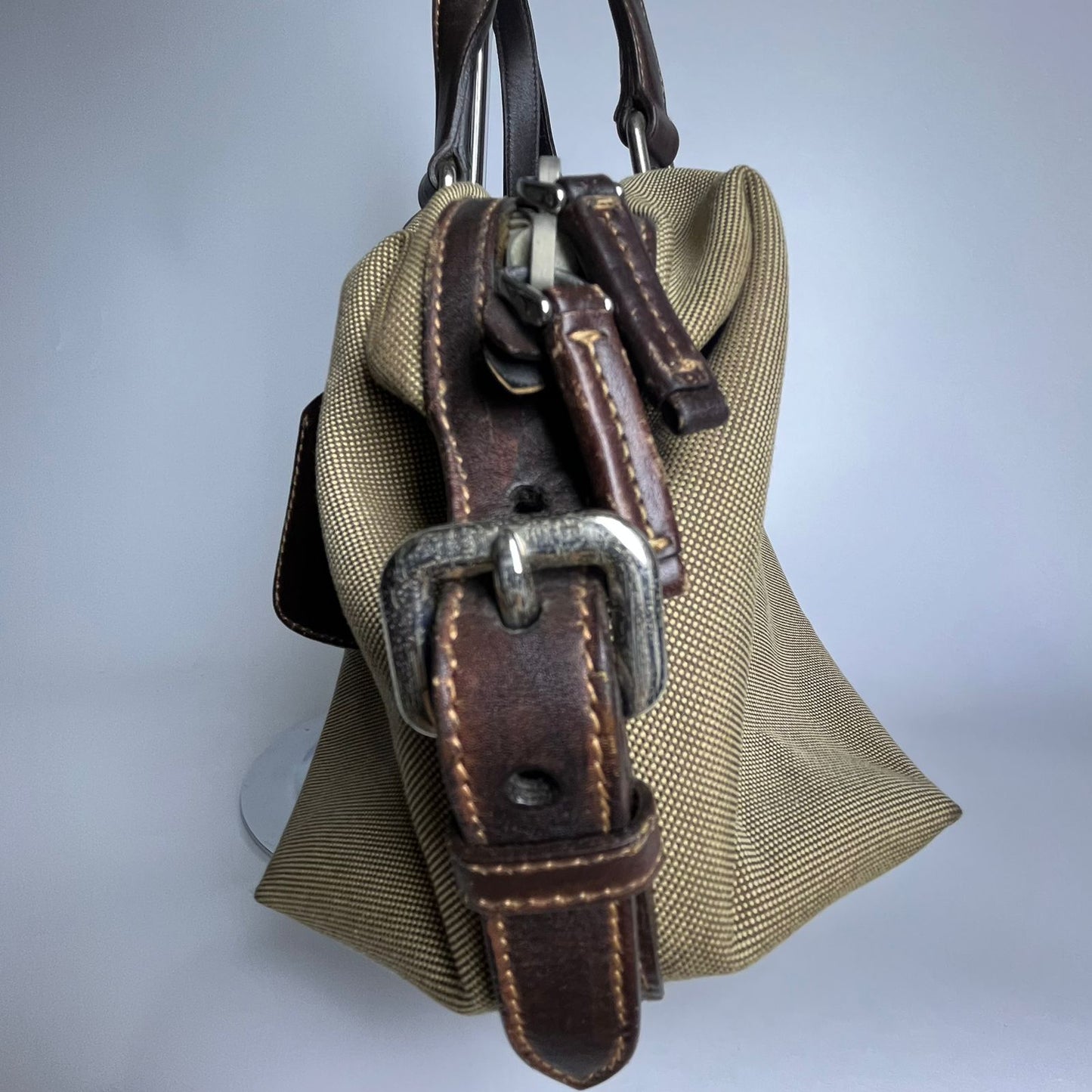 Prada Belted Boston Bag Beige (Brown Trim)