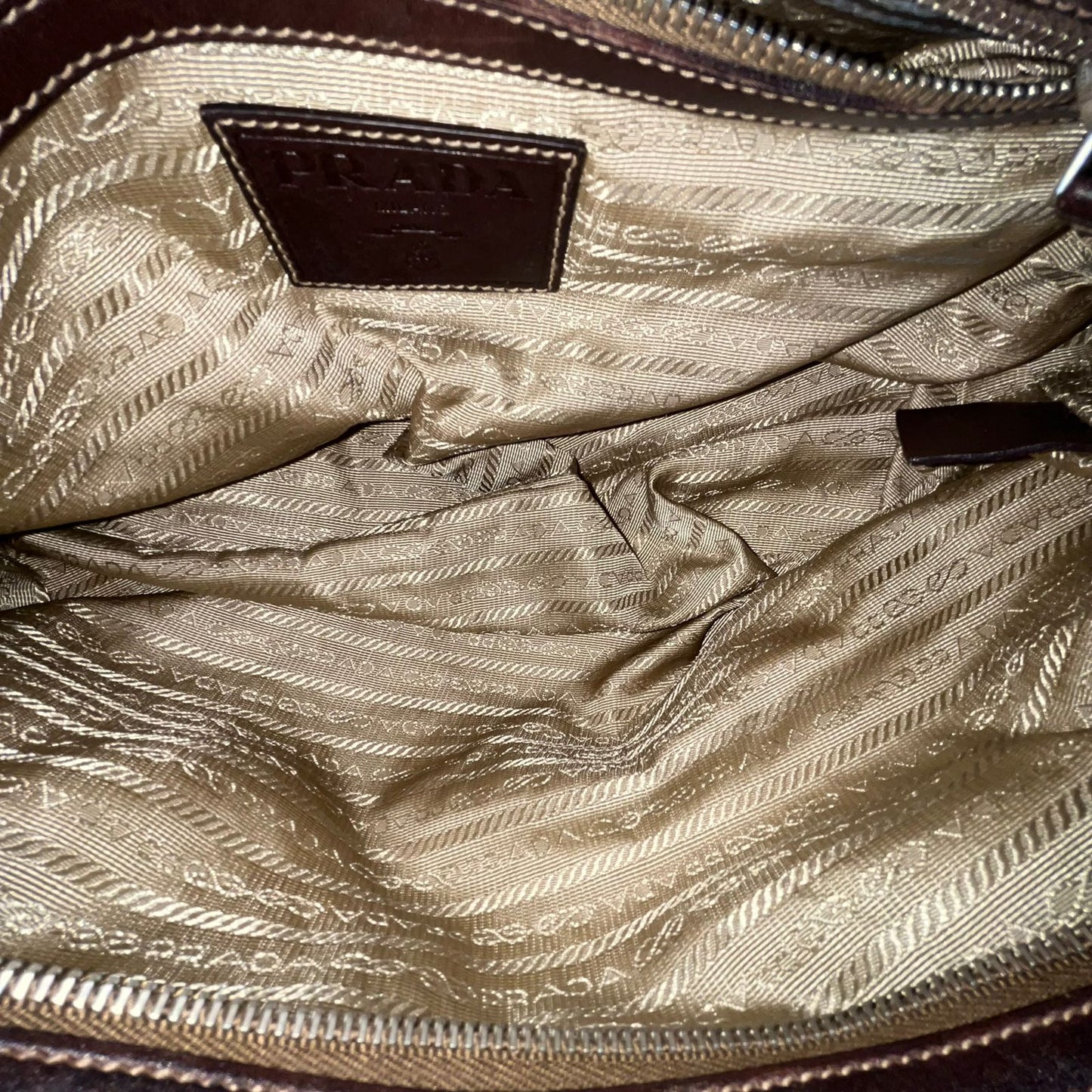 Prada Belted Boston Bag Beige (Brown Trim)