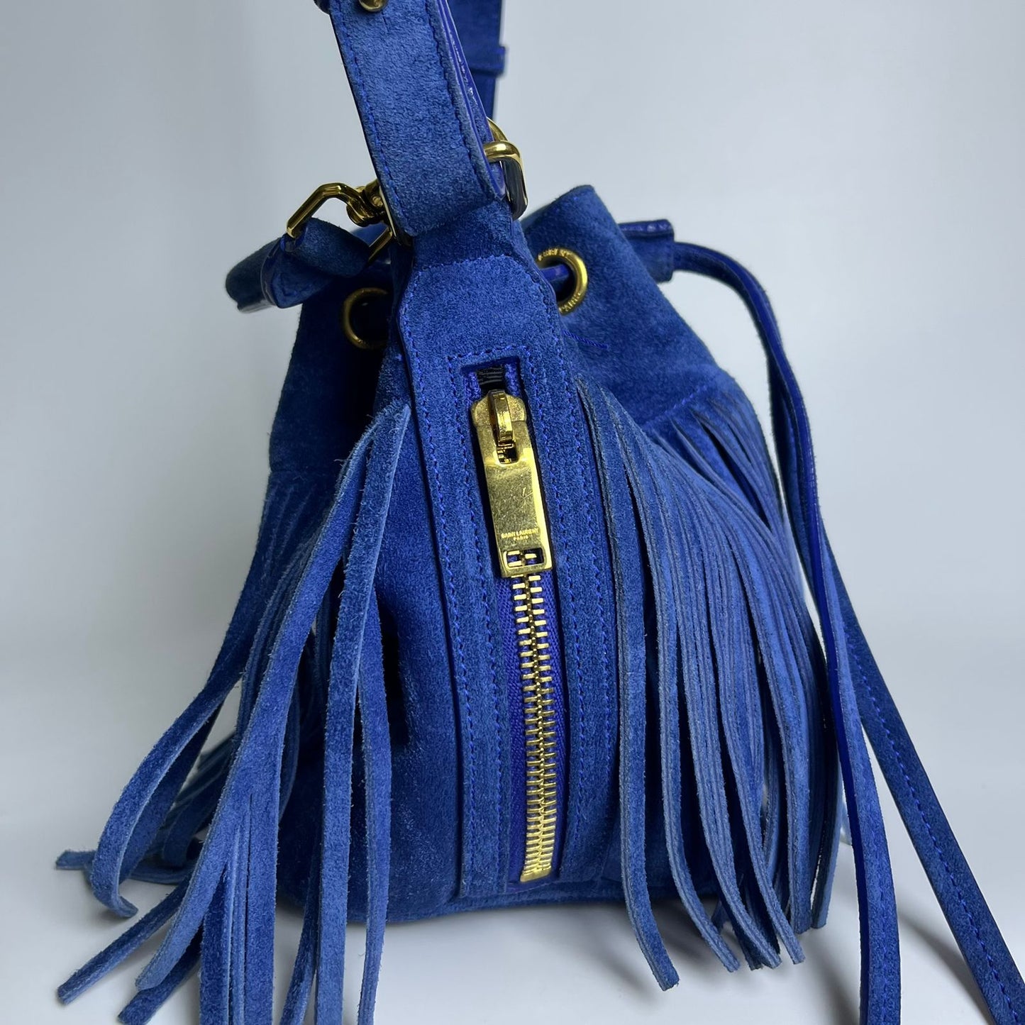 YSL	Emmanuelle Fringe Bucket Blue Suede