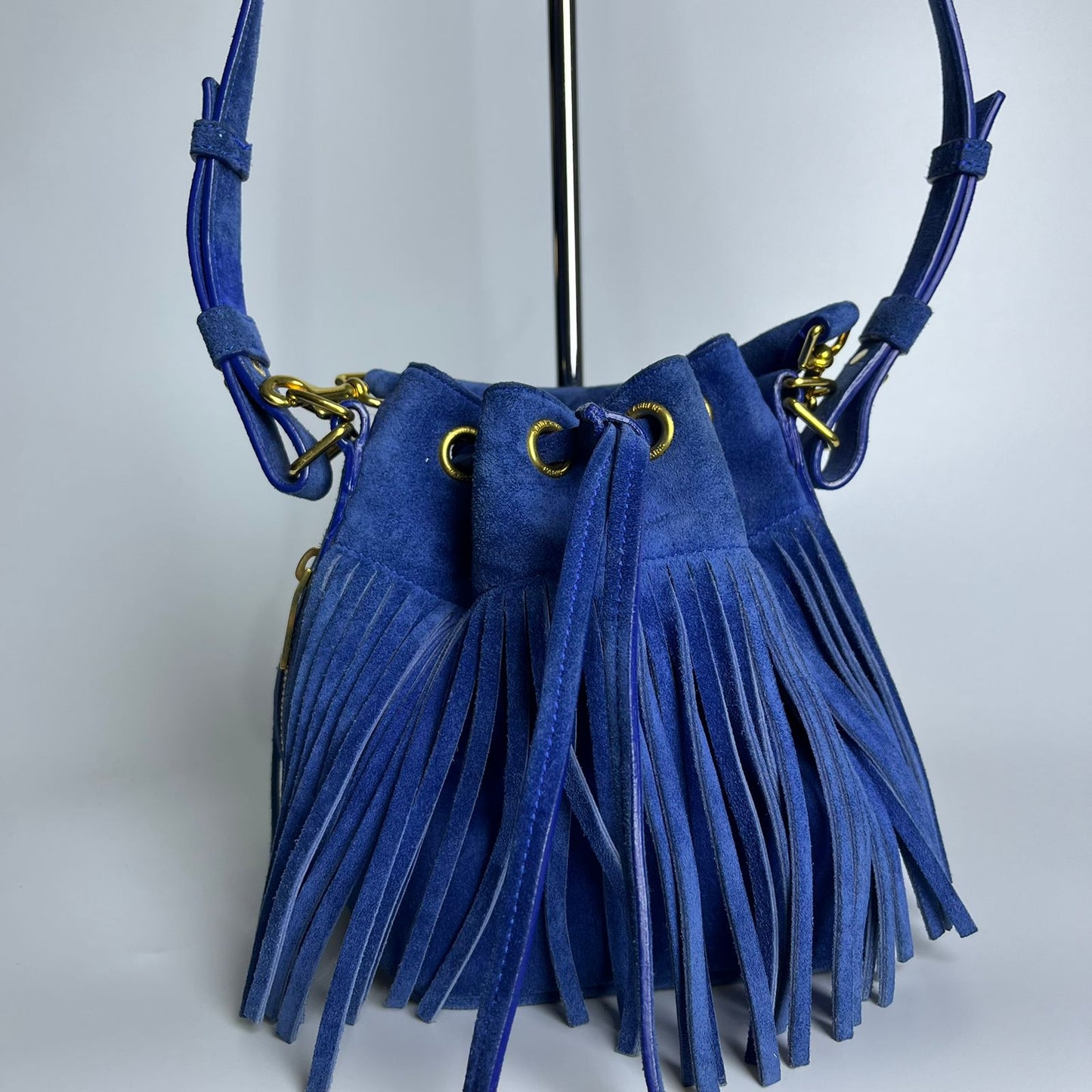YSL	Emmanuelle Fringe Bucket Blue Suede