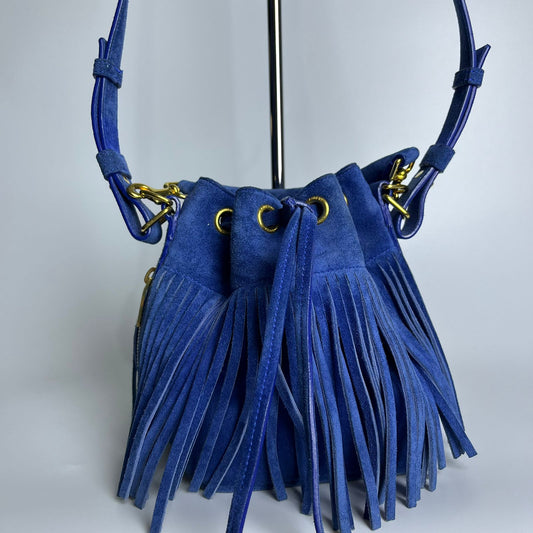 YSL	Emmanuelle Fringe Bucket Blue Suede