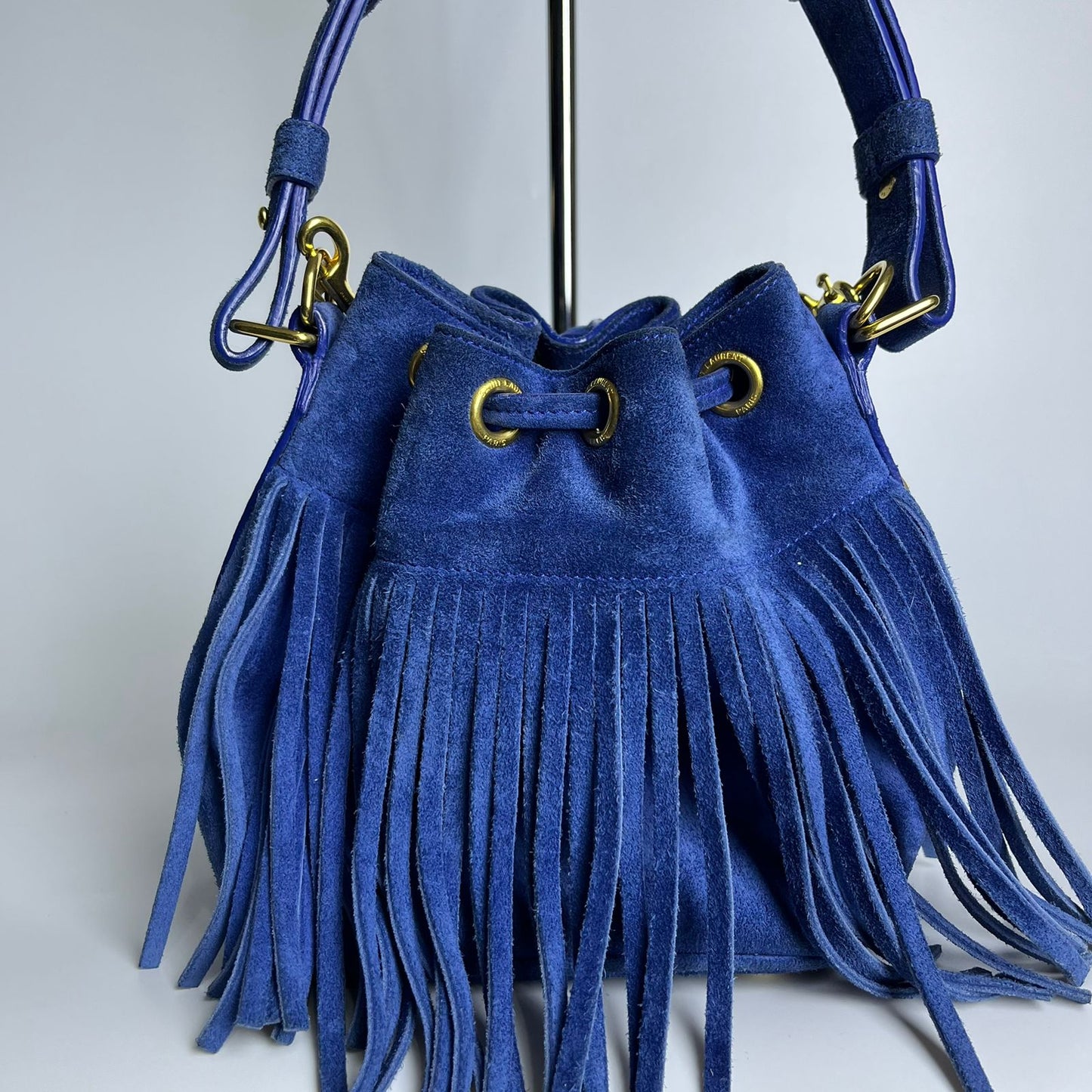 YSL	Emmanuelle Fringe Bucket Blue Suede