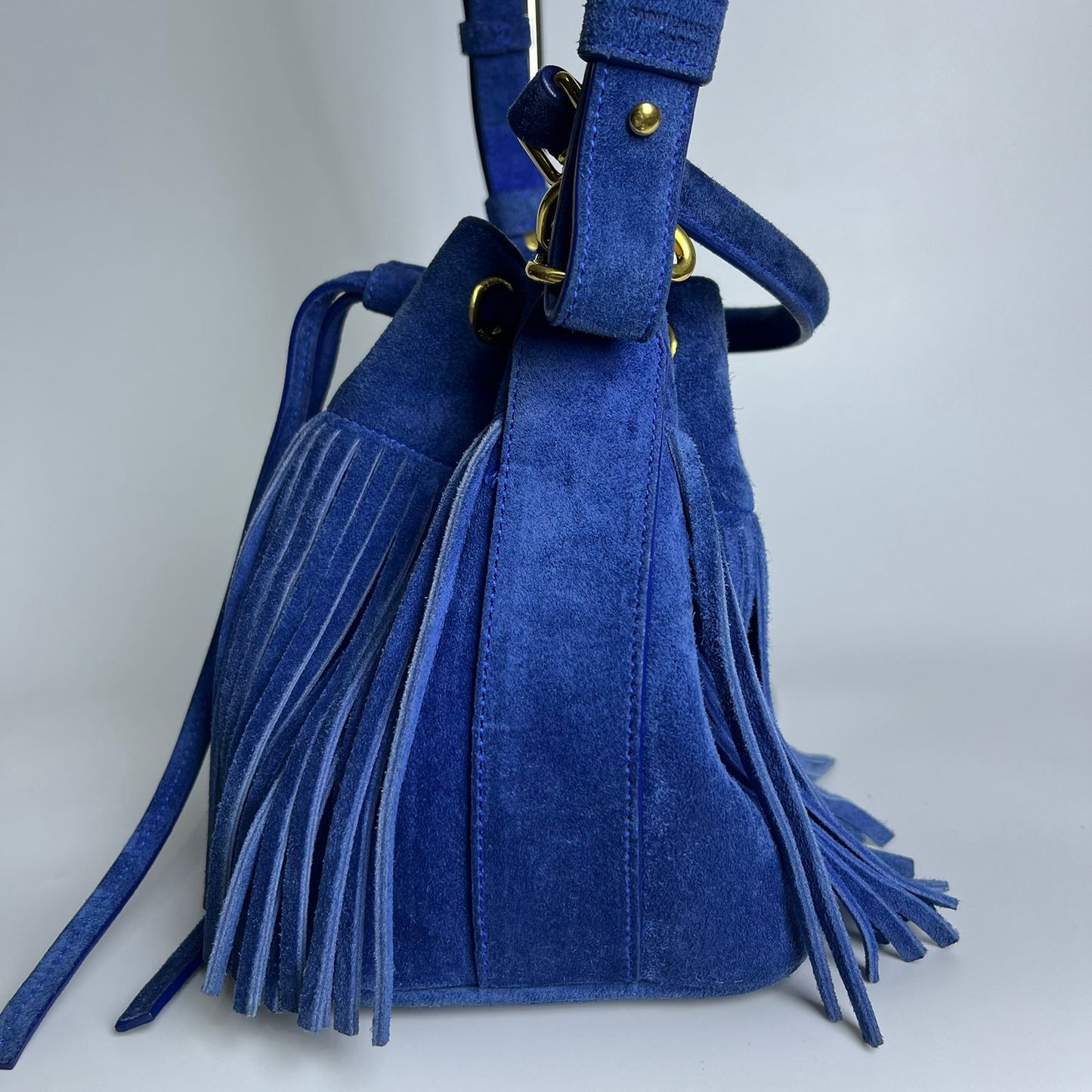 YSL	Emmanuelle Fringe Bucket Blue Suede