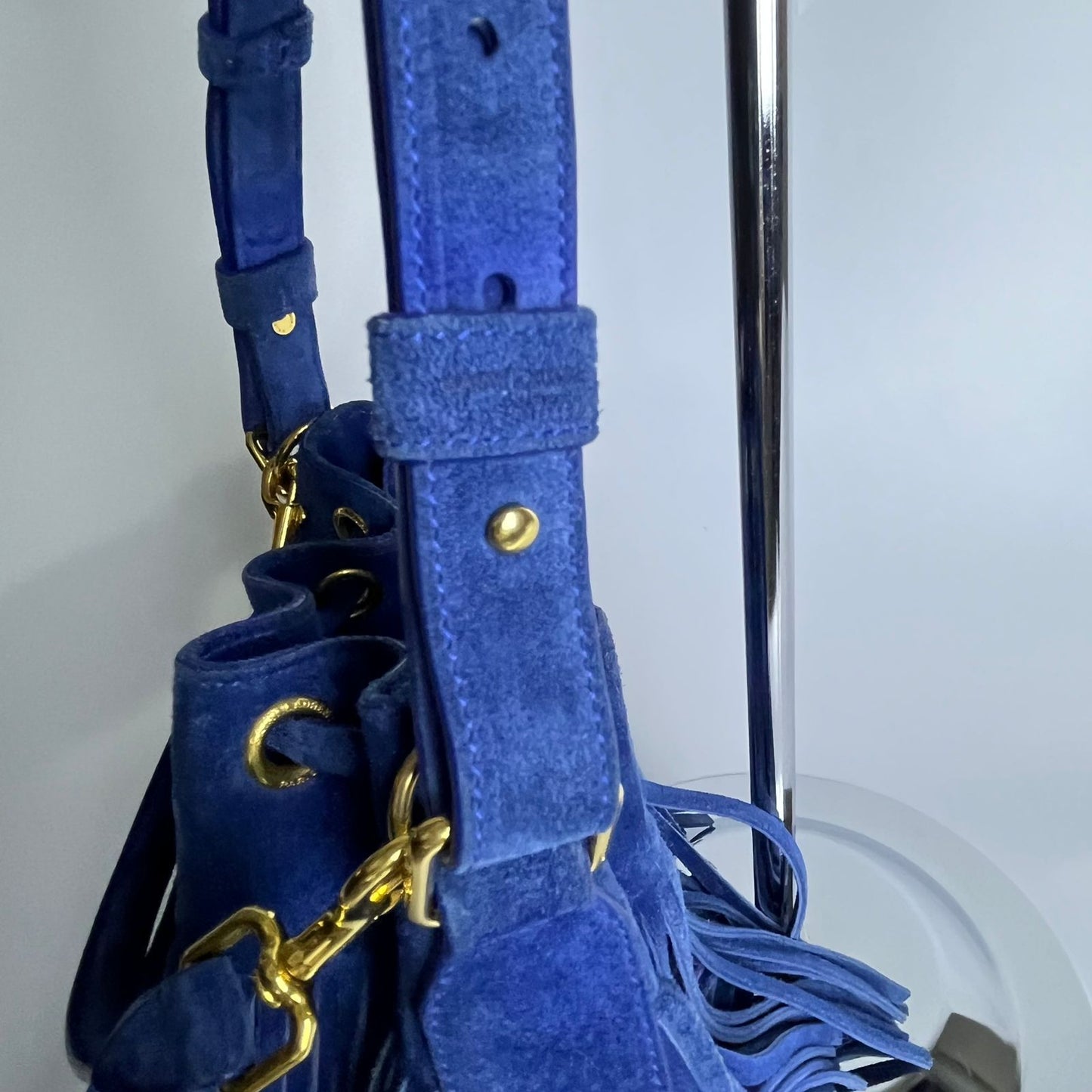 YSL	Emmanuelle Fringe Bucket Blue Suede