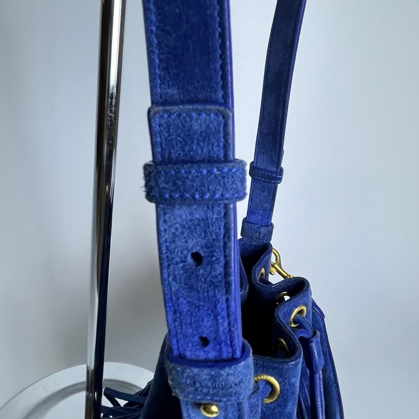 YSL	Emmanuelle Fringe Bucket Blue Suede