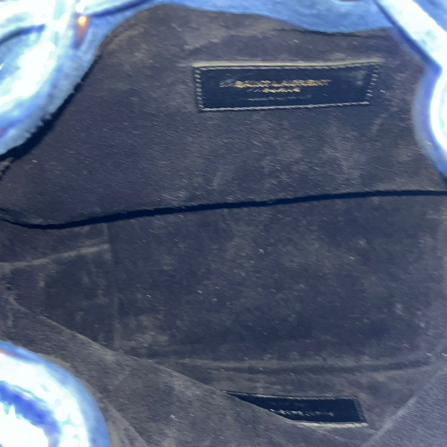 YSL	Emmanuelle Fringe Bucket Blue Suede