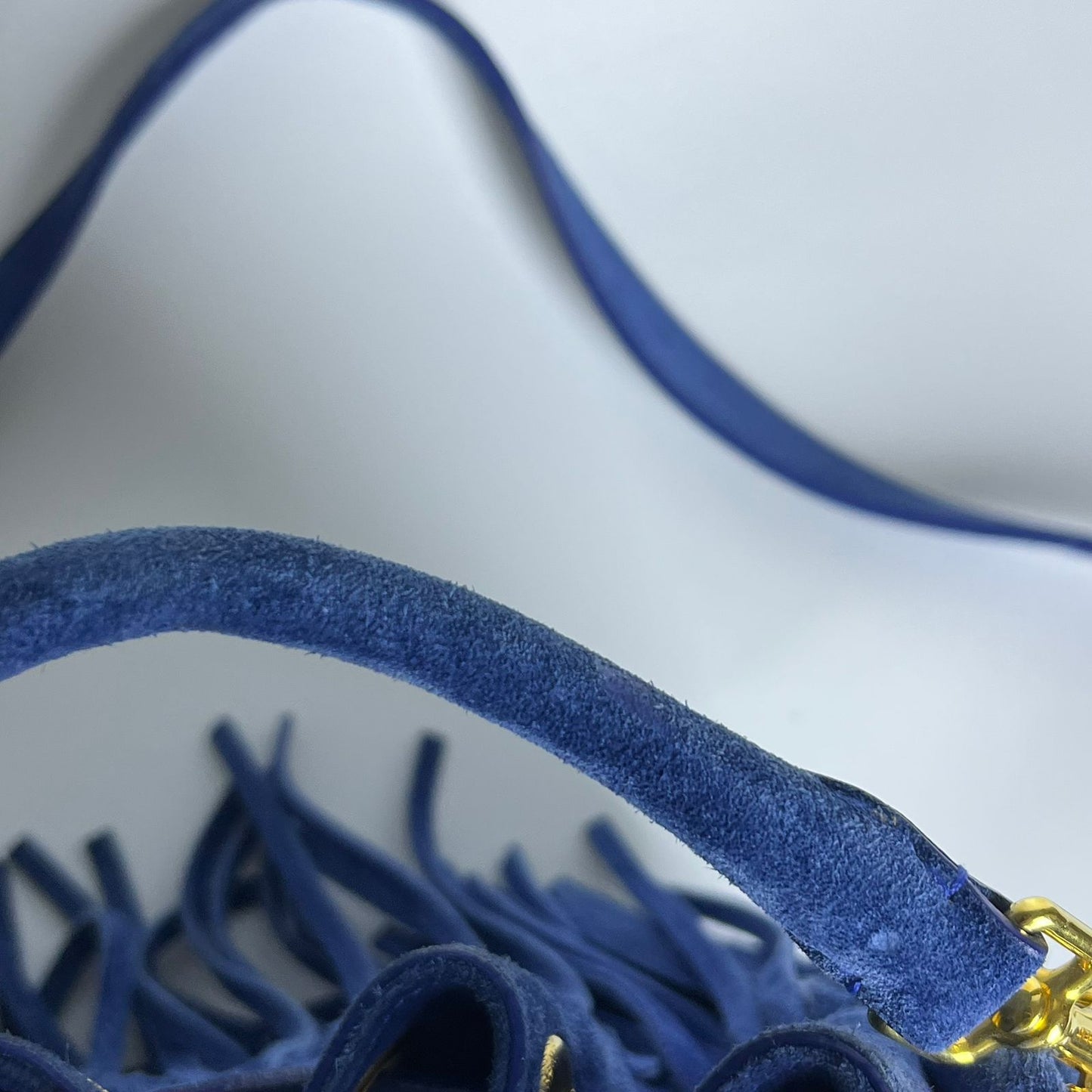 YSL	Emmanuelle Fringe Bucket Blue Suede