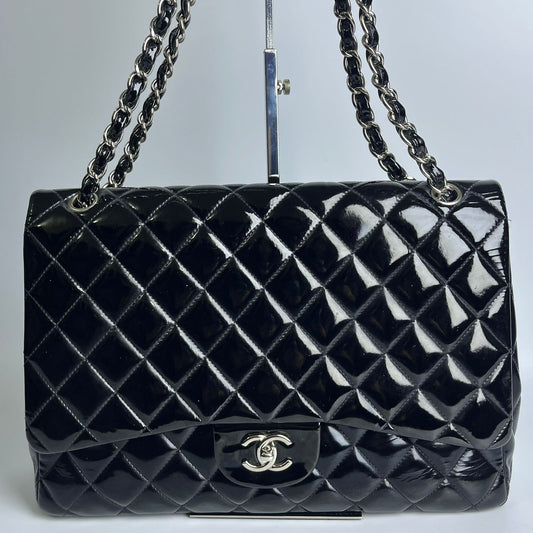 Chanel Maxi Classic Flap Black Patent, Silver Hardware