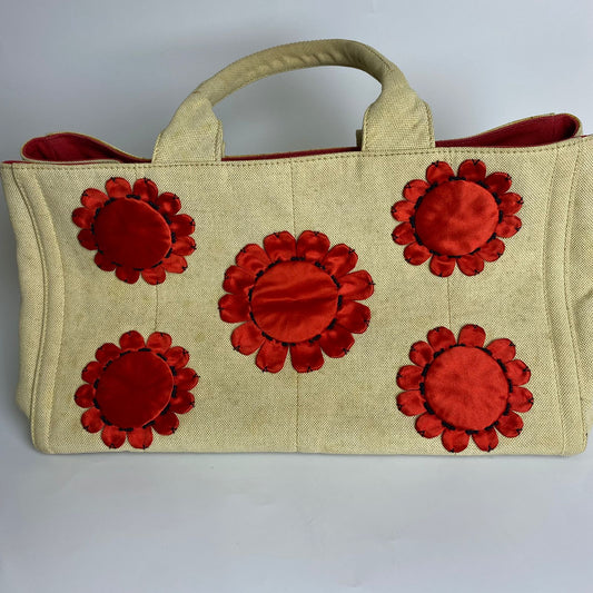 Prada Canapa Brown Canvas Red Floral