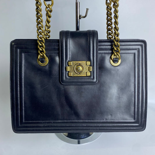 Chanel Boy Tote Bag Black Glazed Calfskin