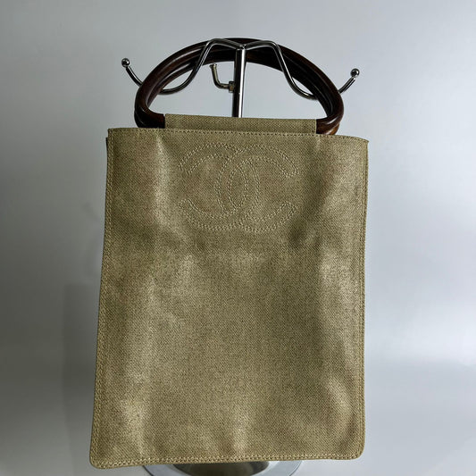 Chanel Coated Canvas Tote Beige Wooden Handles