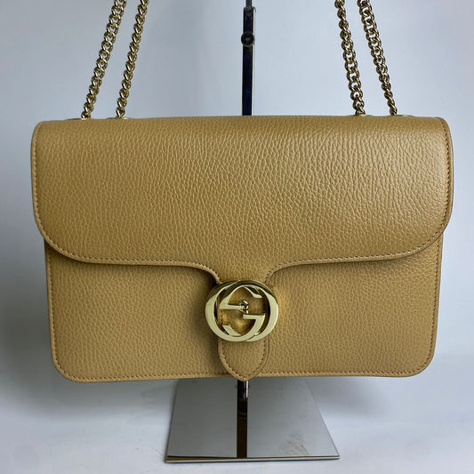 Gucci Dollar Calfskin Interlocking G Crossbody Bag Beige