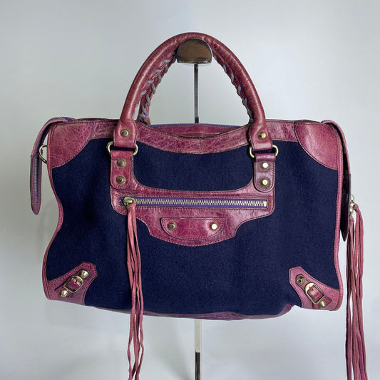 Balenciaga City Bag Purple Distressed Leather and Dark Blue Suede