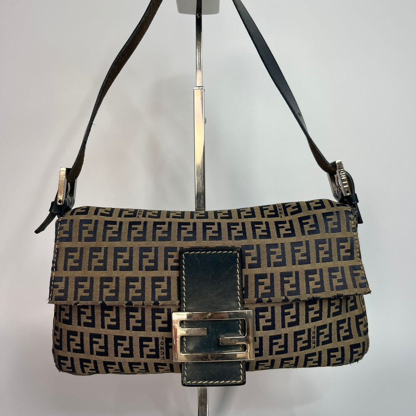 Fendi Zucca Baguette Navy Blue Trim