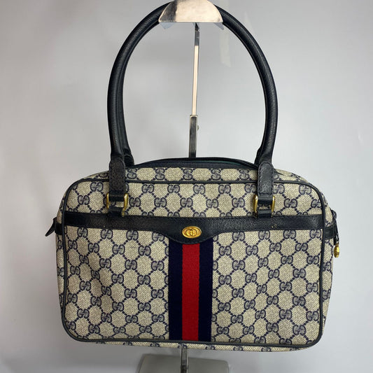 Gucci GG Monogram Sherry Web Boston Satchel Navy Blue