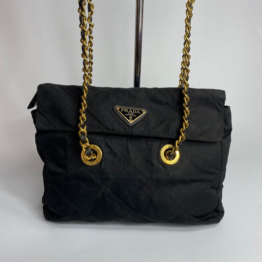 Prada Quilted Nylon Leather Chain Flap Black