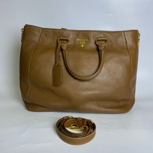 Prada Vitello Daino Side Zip Shopping Tote, Brown