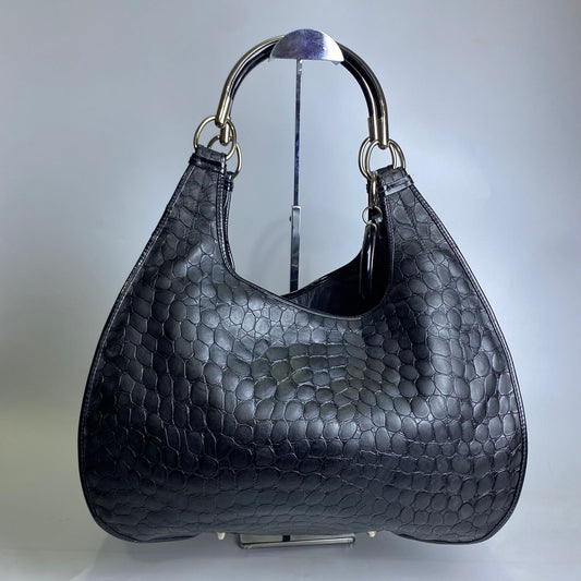 Dior Black Croc Embossed Patent Hobo Bag
