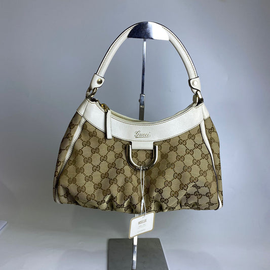 Gucci Abbey D-ring Hobo Bag Small GG Canvas White Trims