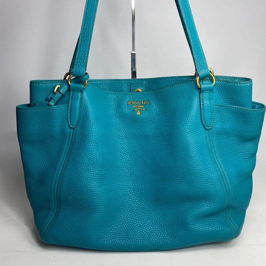 Prada Vitello Daino Side Pocket Tote Blue