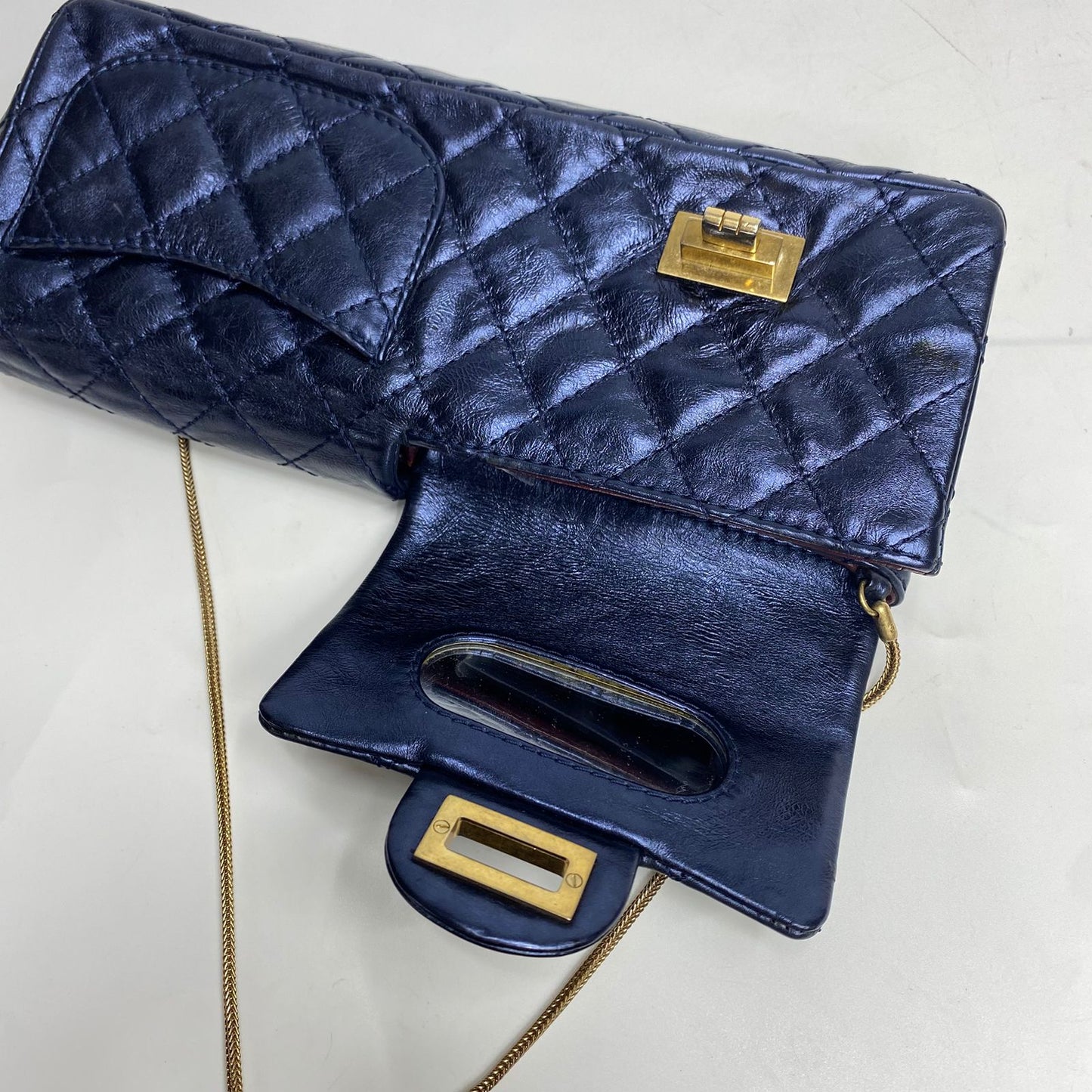 Chanel East West Chocolate Bar Leather Handbag Blue