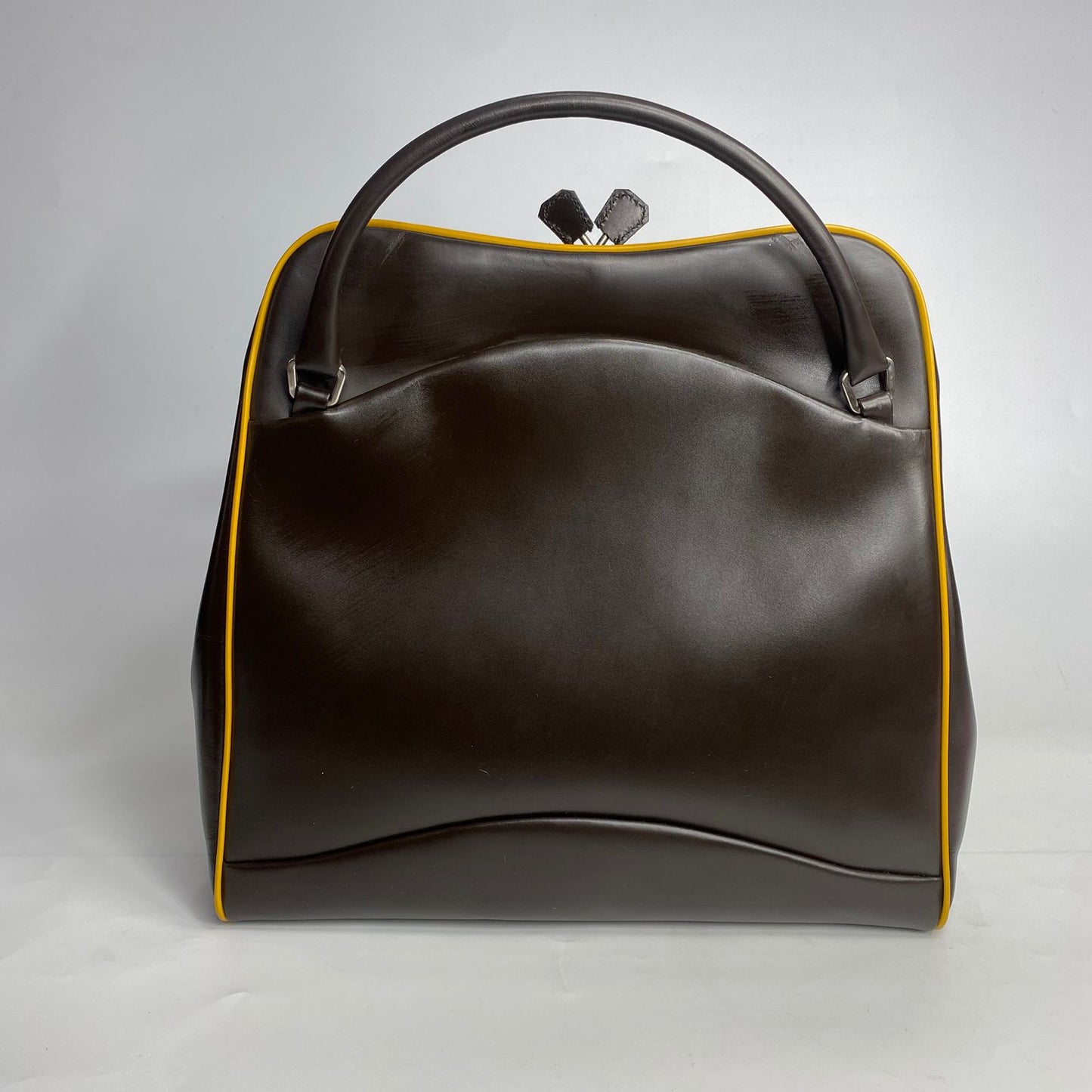 Prada Top Handle Dark Brown, Yellow Piping