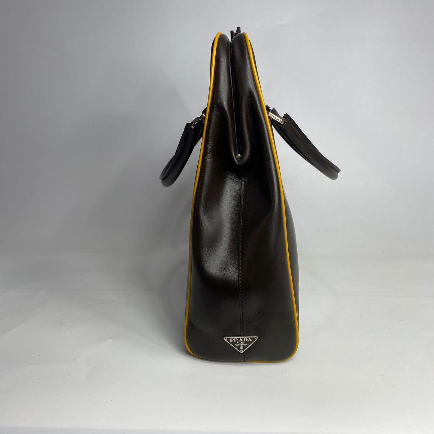 Prada Top Handle Dark Brown, Yellow Piping