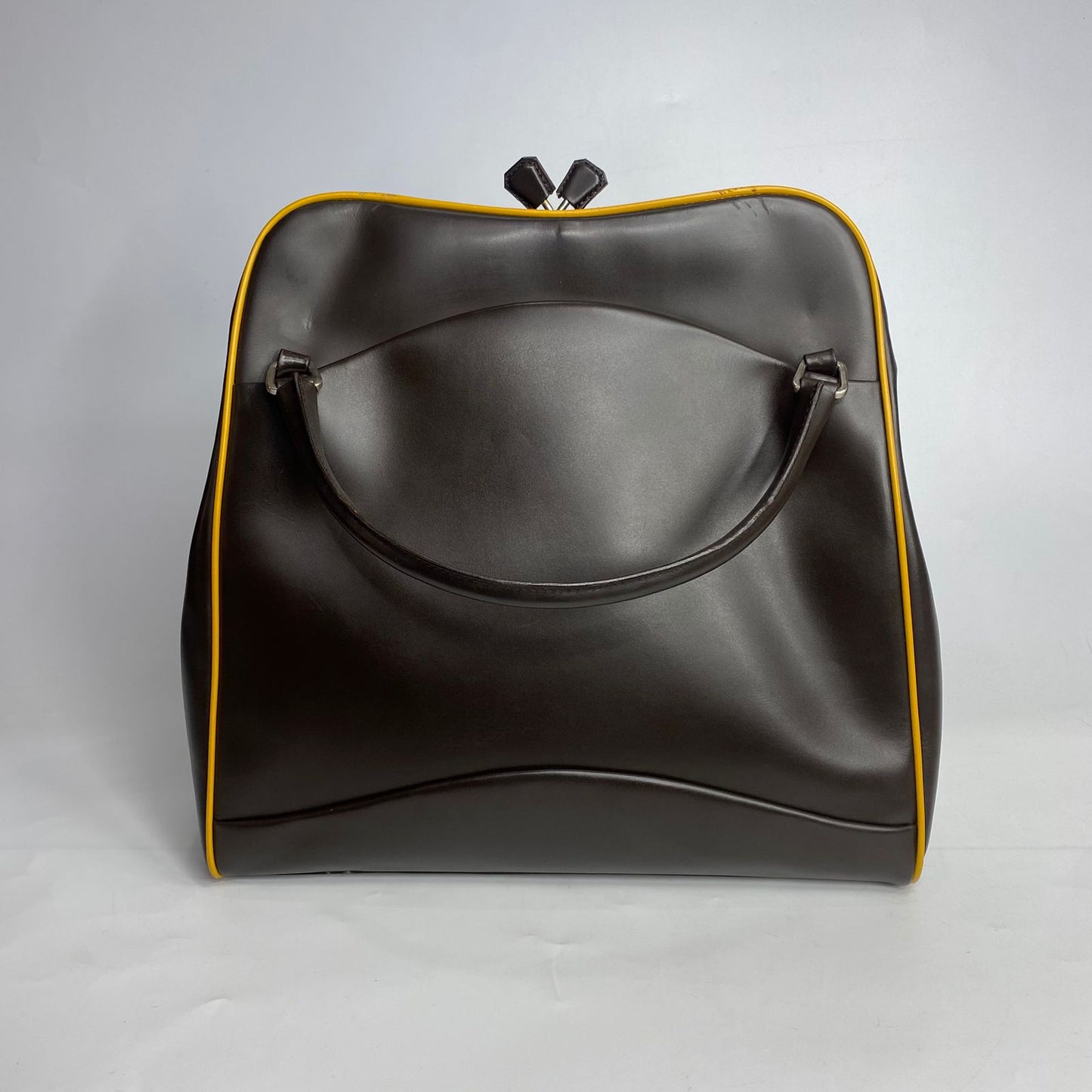 Prada Top Handle Dark Brown, Yellow Piping