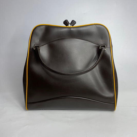 Prada Top Handle Dark Brown, Yellow Piping