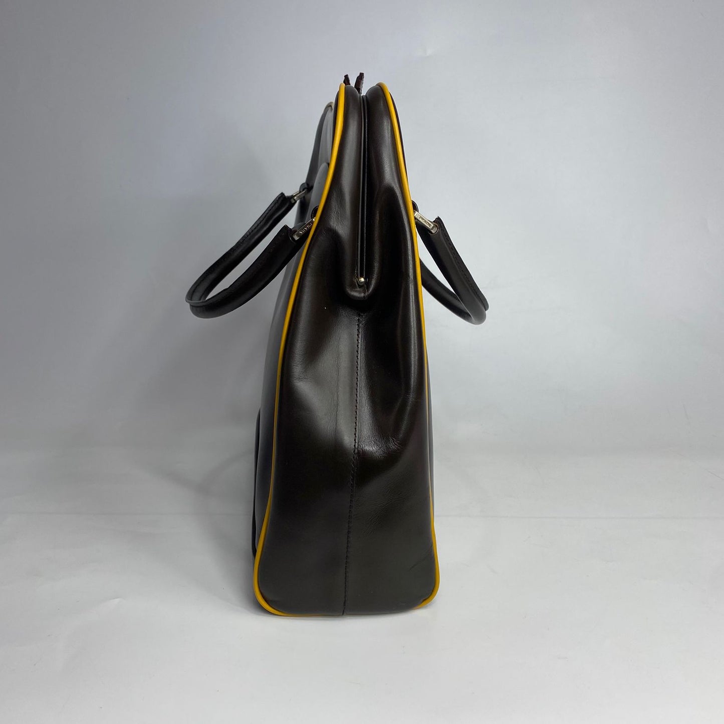 Prada Top Handle Dark Brown, Yellow Piping