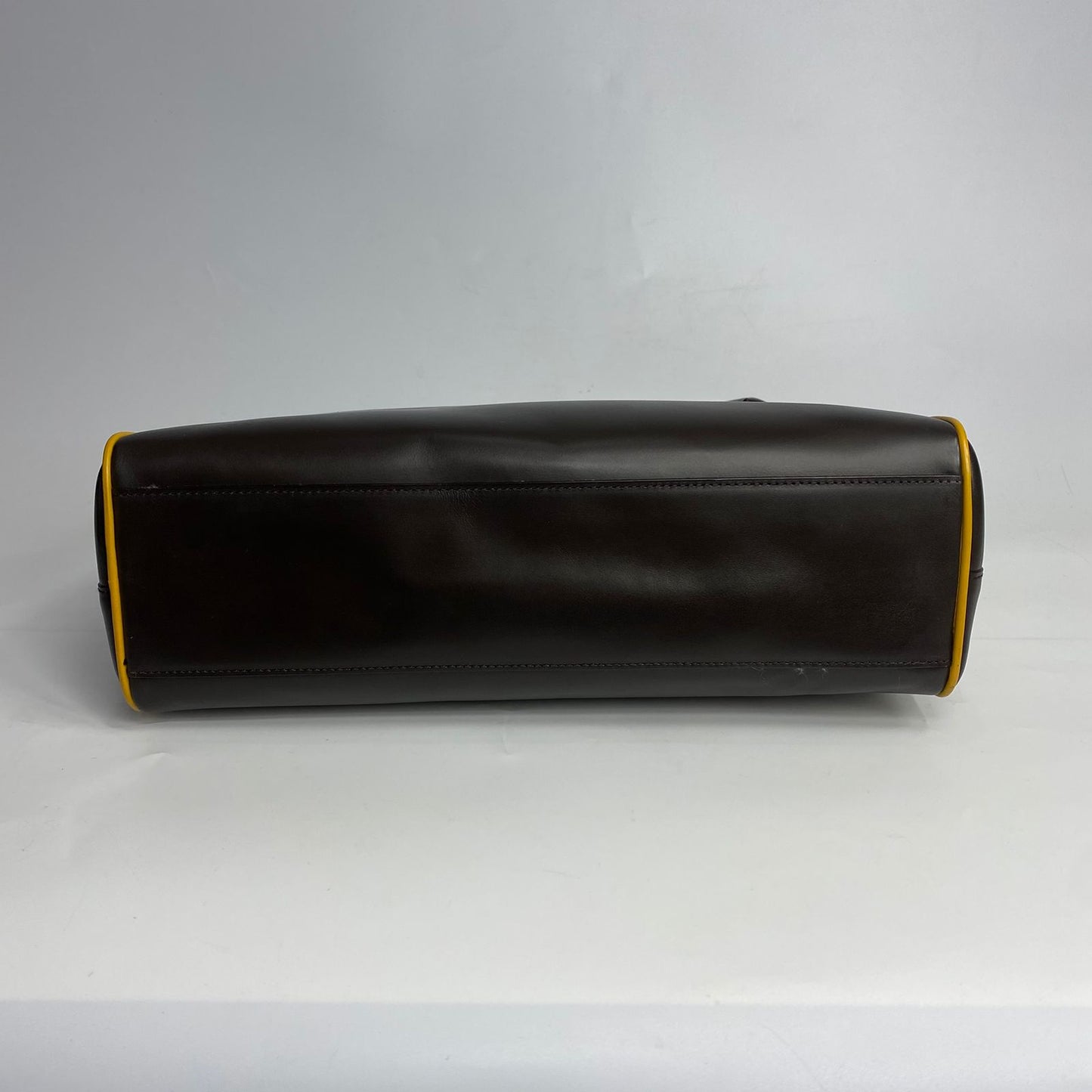 Prada Top Handle Dark Brown, Yellow Piping