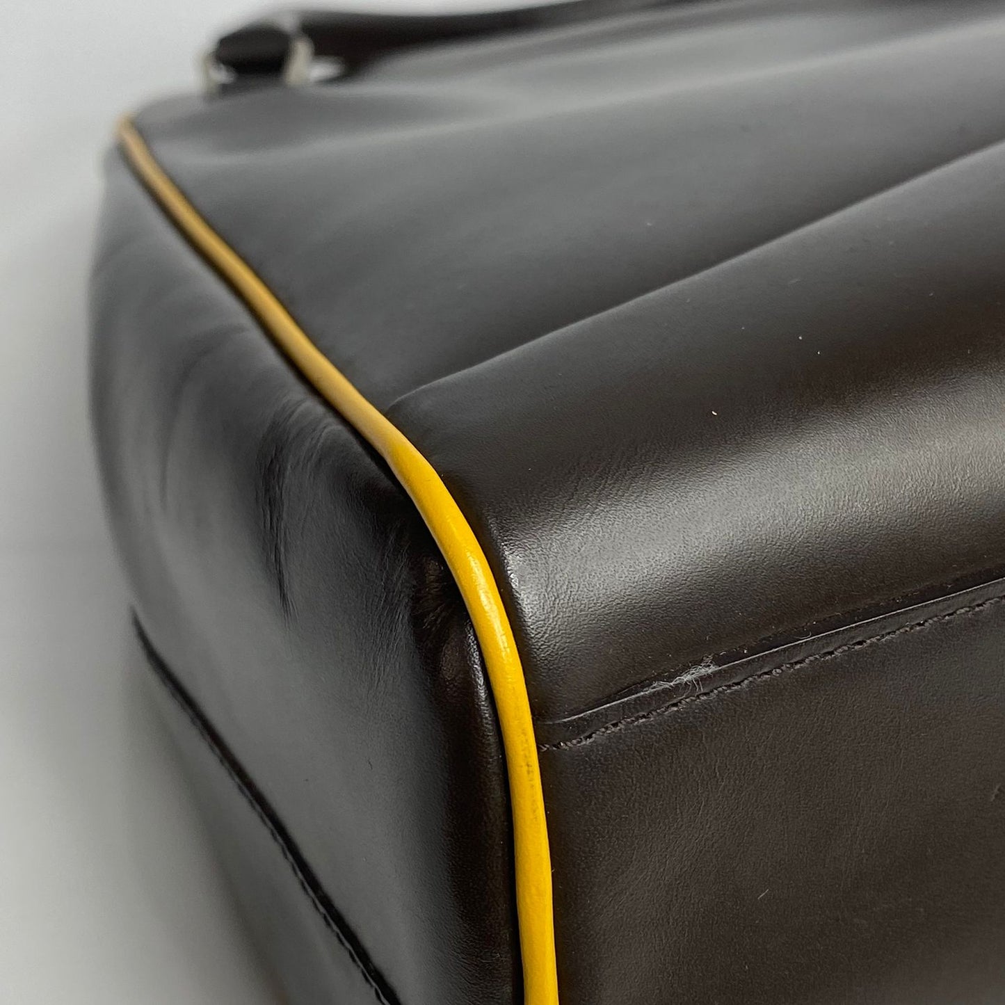 Prada Top Handle Dark Brown, Yellow Piping