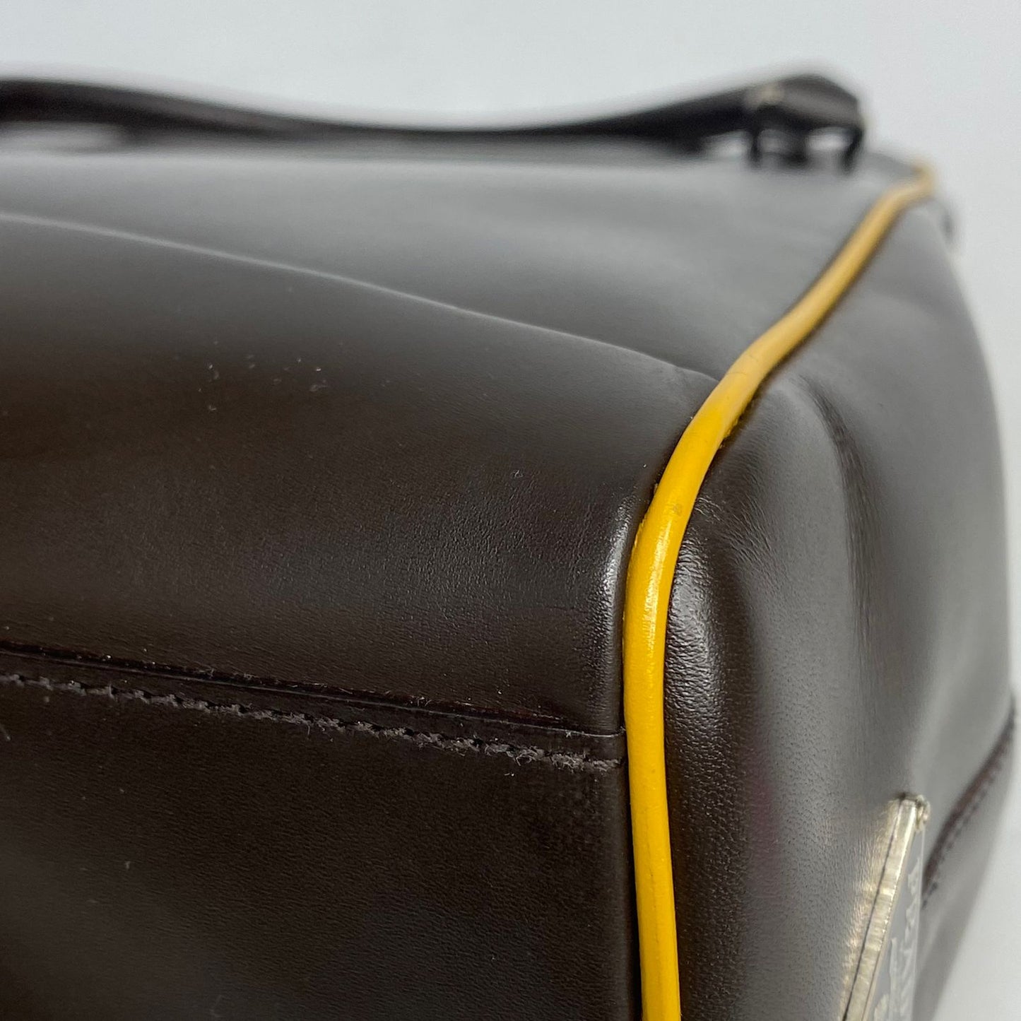 Prada Top Handle Dark Brown, Yellow Piping