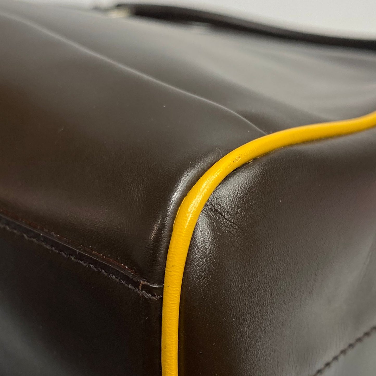 Prada Top Handle Dark Brown, Yellow Piping