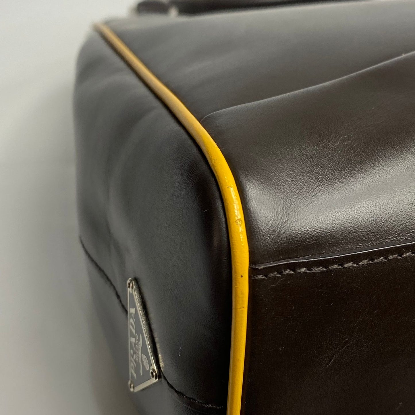 Prada Top Handle Dark Brown, Yellow Piping