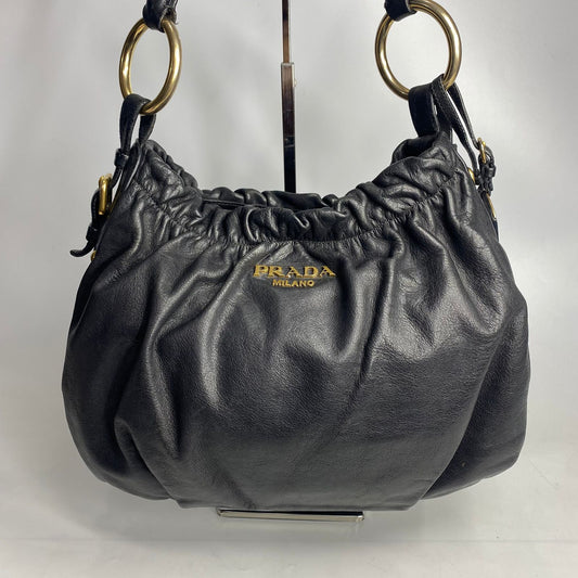 Prada Gathered Leather Hobo Shoulder Bag Black