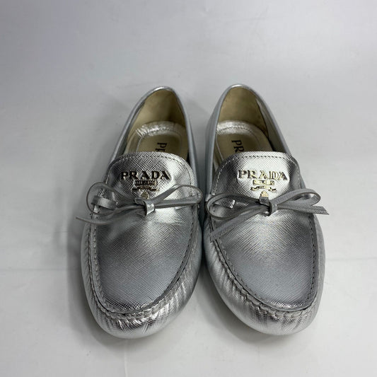 Prada Silver Logo Applique Slip On Loafers Size 37