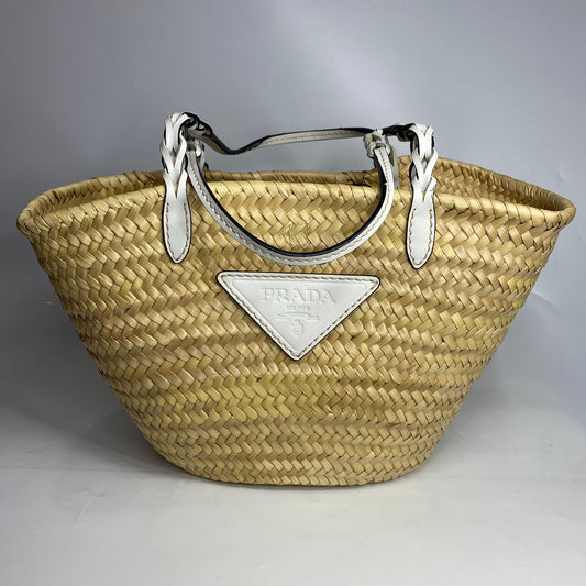 Prada Raffia Tote White and Braided Trims