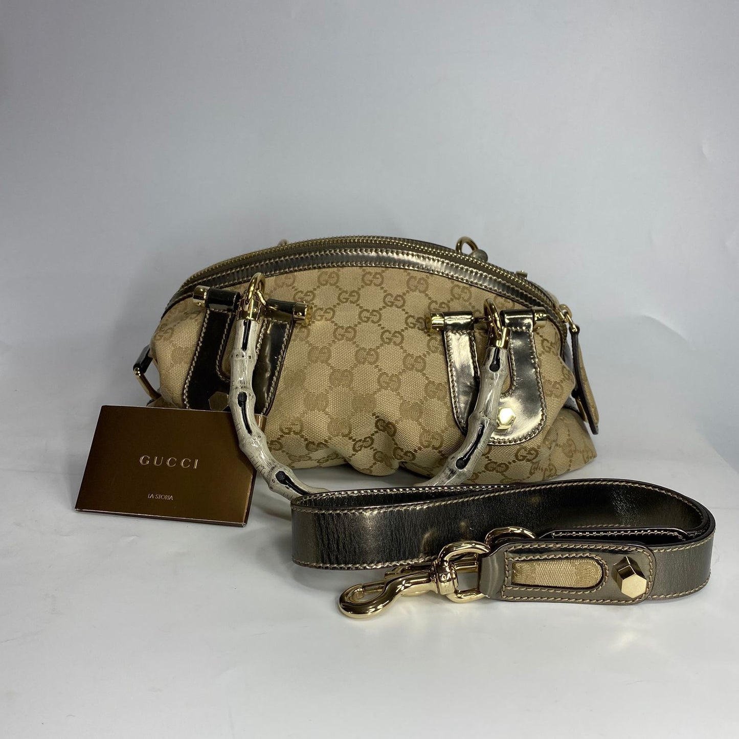Gucci Bamboo Pop Top Handbag GG Canvas