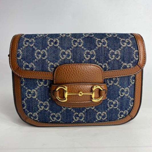 Gucci Horsebit 1955 GG Blue Denim, Brown Trims