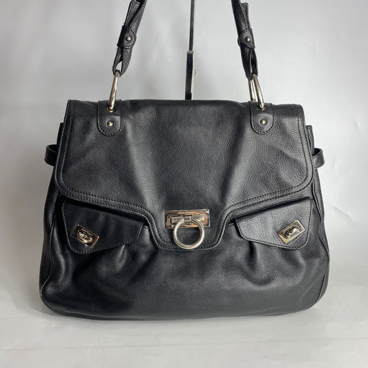 Ferragamo Gancini Logo Hobo Bag Black