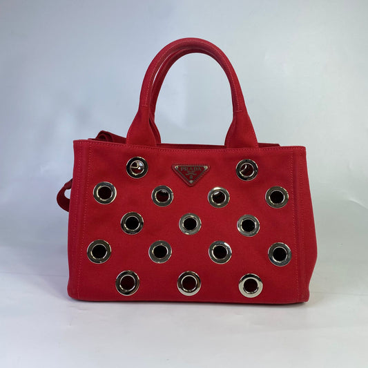Prada Canapa Grommet Tote Red